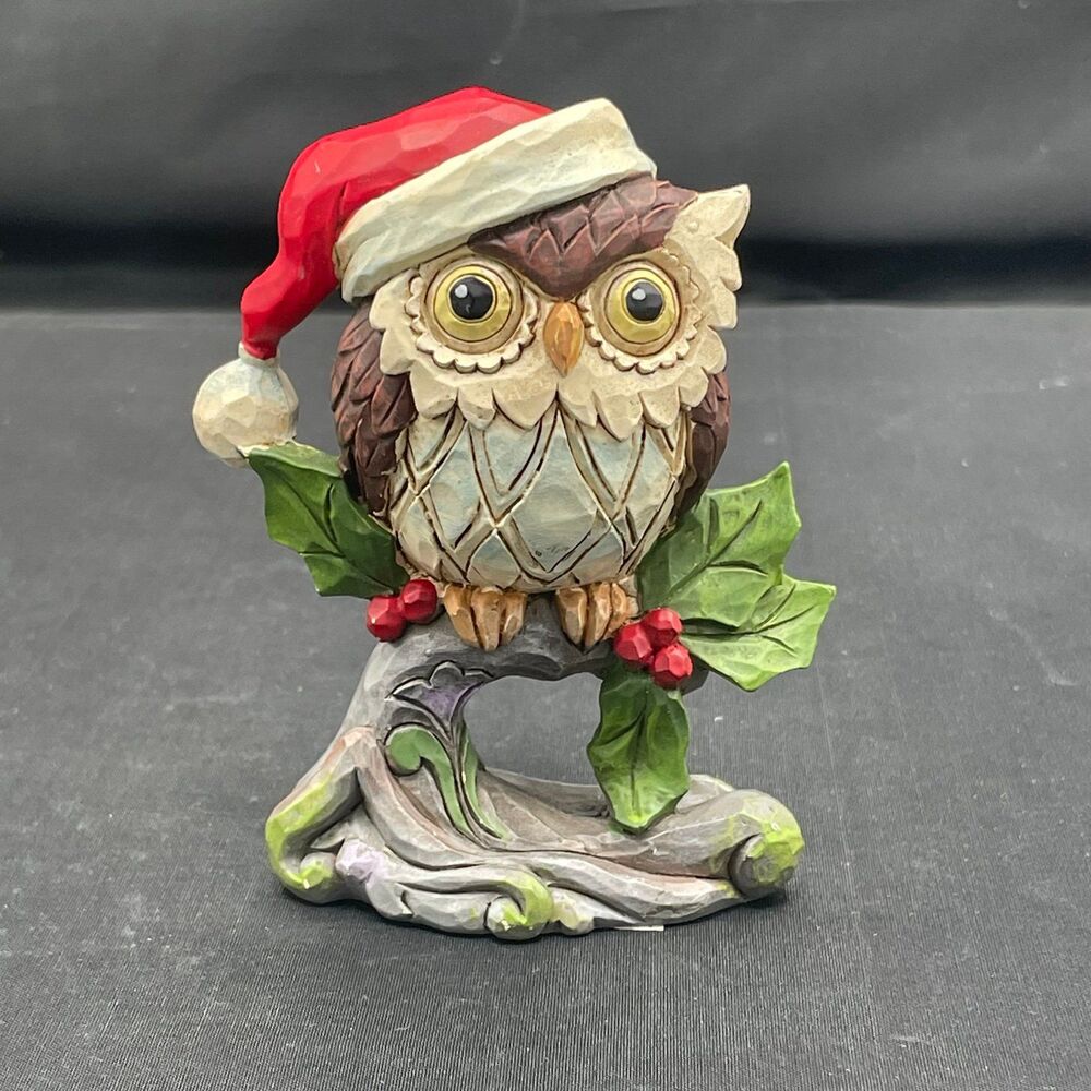 Jim Shore Heartwood Creek Christmas Owl Figurine Holly Leaves Santa Hat